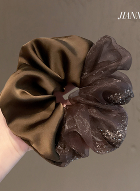 法式黑色高级感欧根纱水钻发圈复古缎面肥肠圈优雅马尾丸子头花女