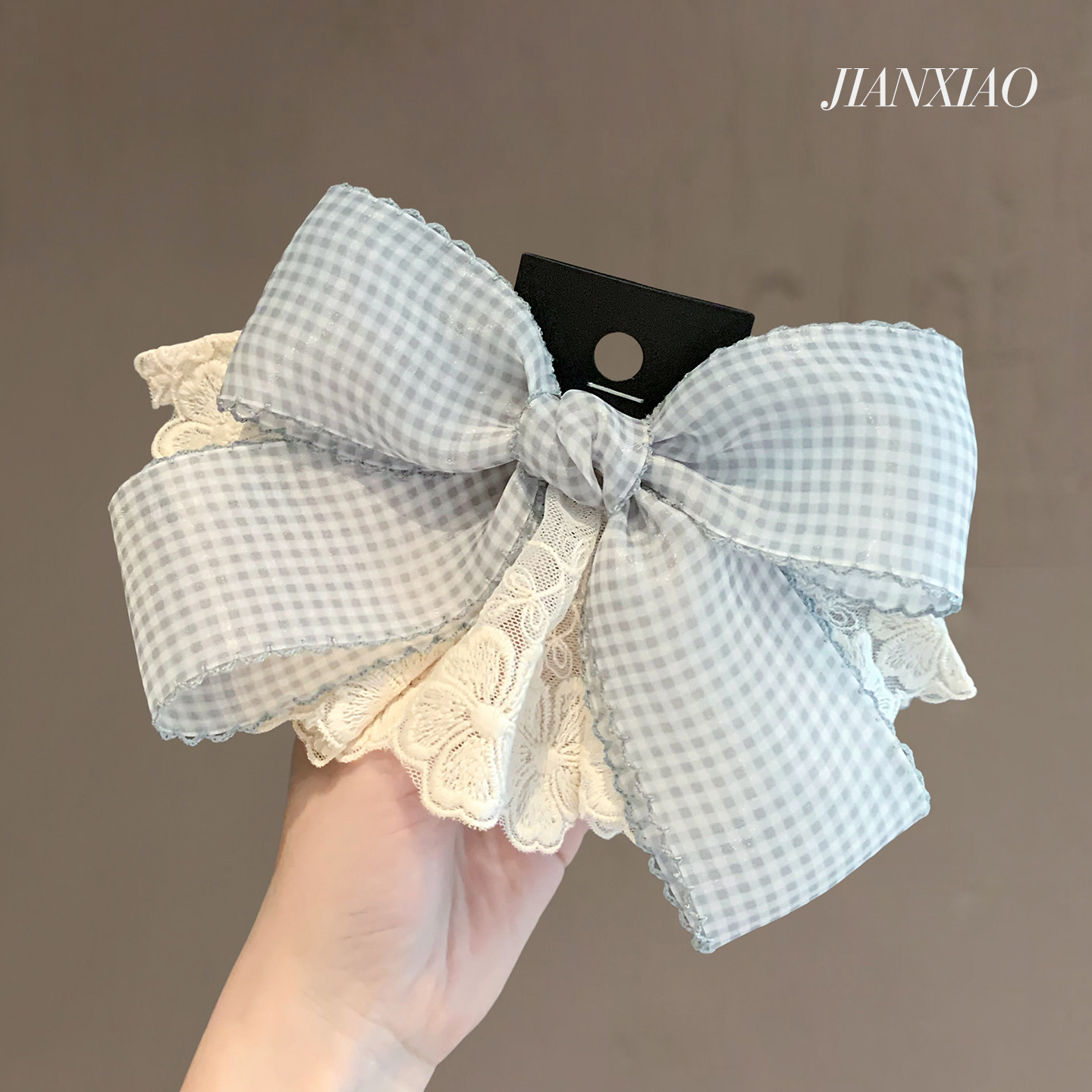 新款甜美格子蕾丝蝴蝶结发夹子小清新气质懒人弹簧夹温柔半扎发饰