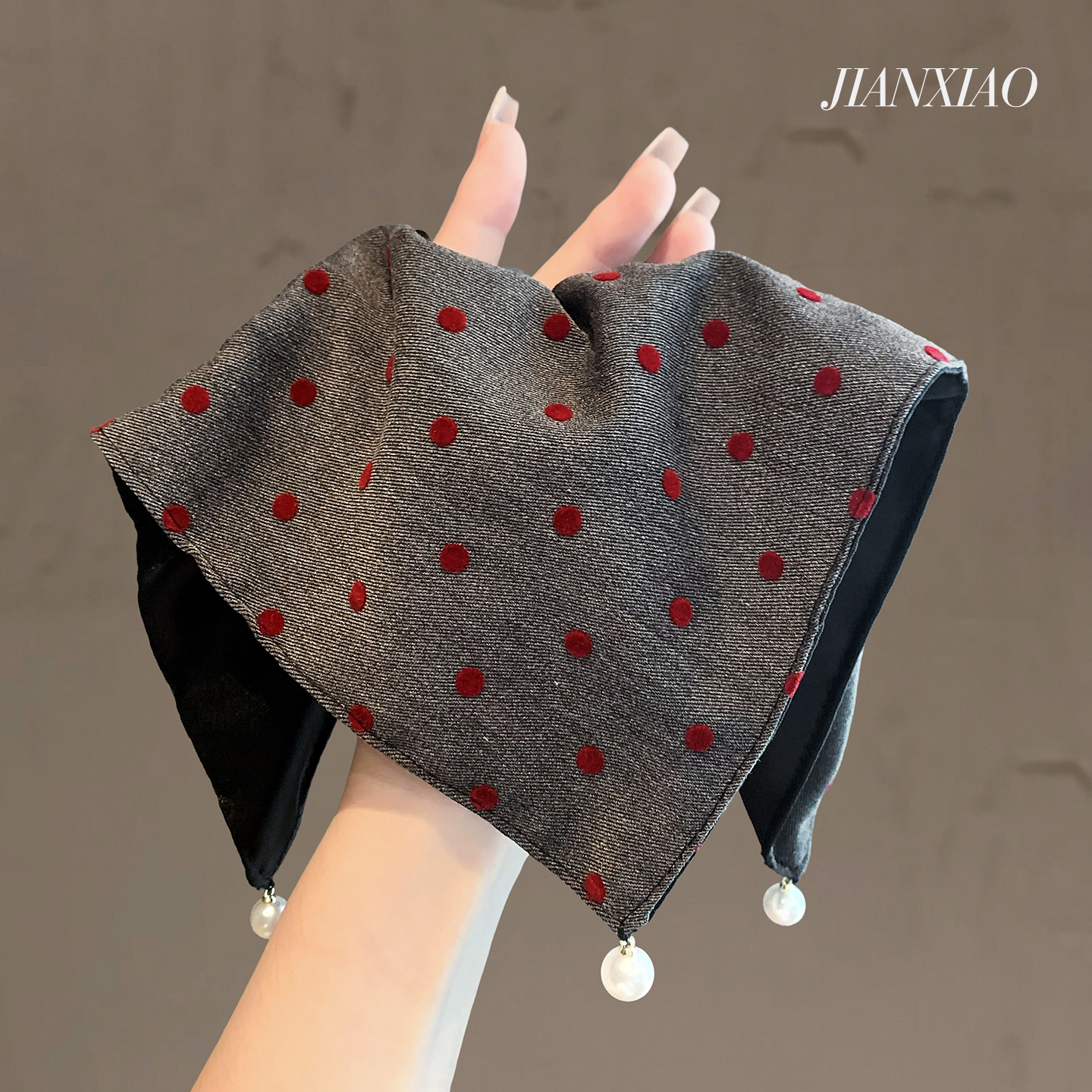 韩系气质波点方巾发圈ins风灰红配色高级感珍珠马尾头花弹力发饰