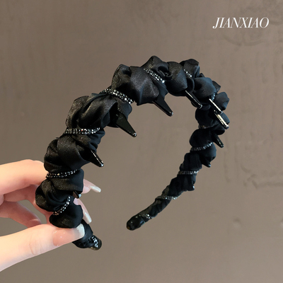 复古黑色缎面带齿发箍高级感褶皱波浪头箍日常外戴高颅顶洗脸发饰