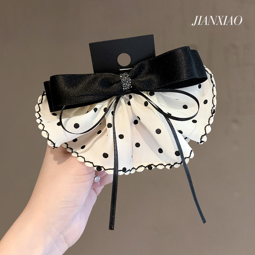 法式温柔风黑白波点蝴蝶结懒人弹簧夹荷叶边裙摆抓夹气质半扎发夹