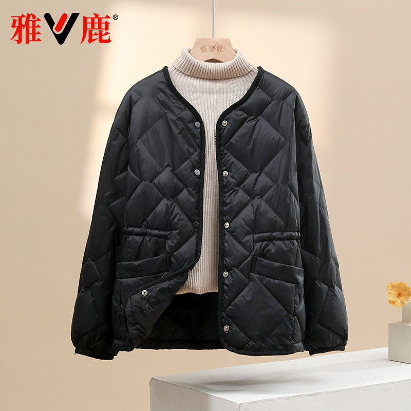 轻薄无领收腰羽绒服单排扣