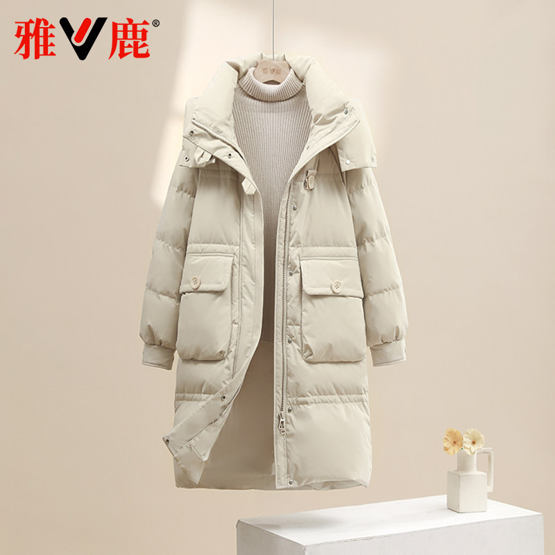 韩版中长款连帽羽绒服女