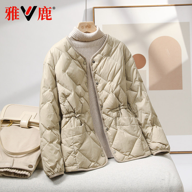 轻薄无领收腰羽绒服单排扣