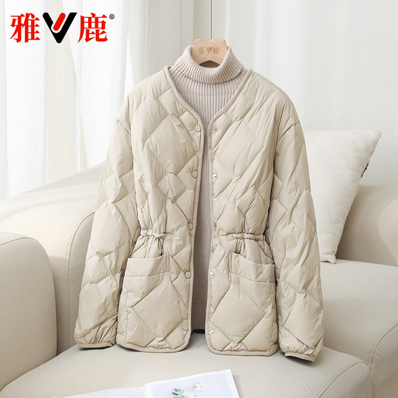 轻薄无领收腰羽绒服单排扣