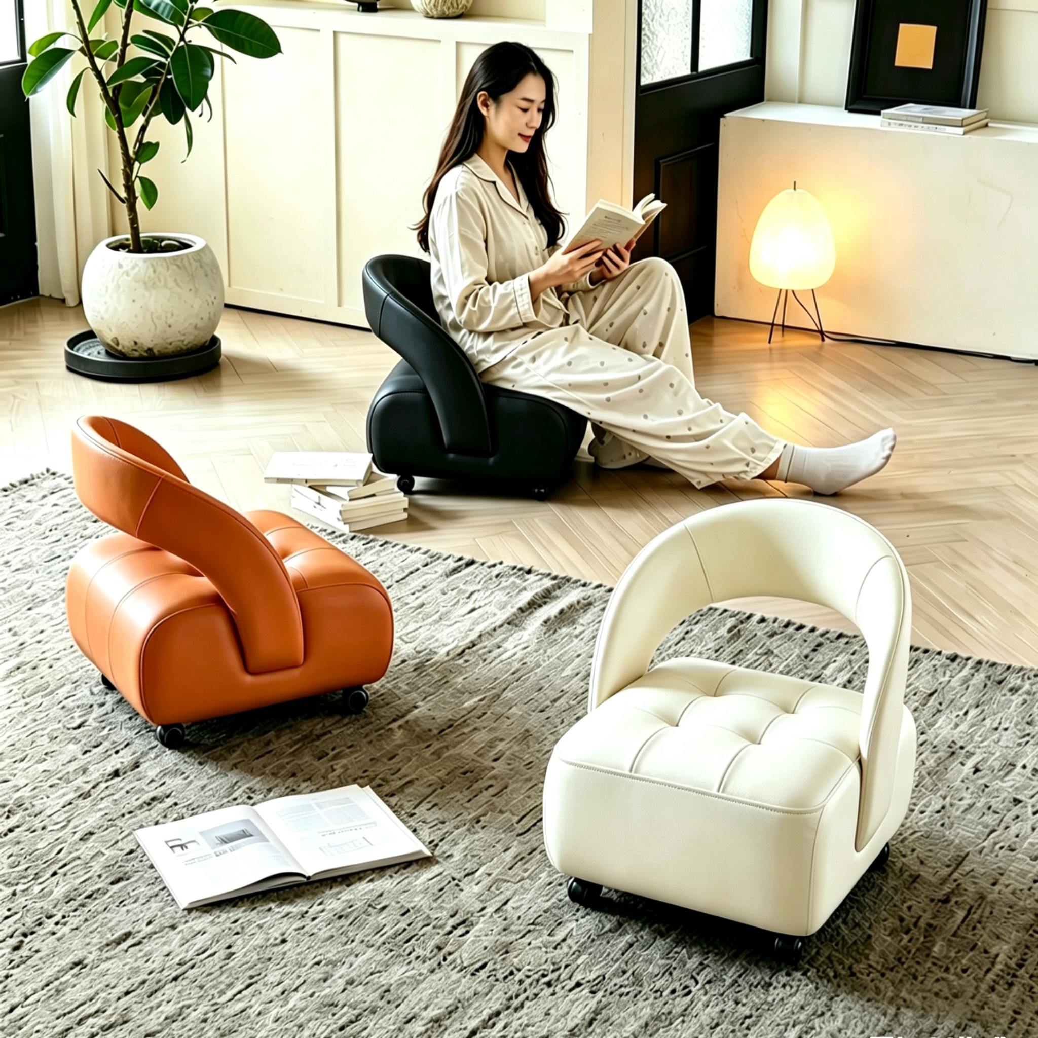 生态真皮万向轮小凳静音滑轮移动凳子溜溜椅家用客厅沙发凳换鞋凳