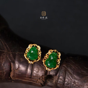 男女古典气质优雅新中式 古法翡翠葫芦耳钉 18k黄金镶嵌原创设计款