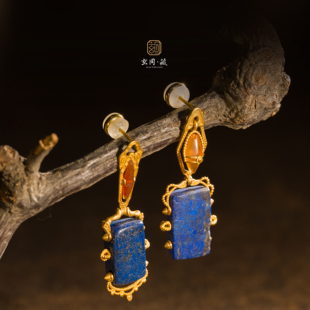 古法青金石耳钉 优雅孤品 18k黄金镶嵌玛瑙小众复古宫廷气质新中式