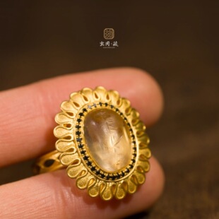 古法半宝石戒指吊坠两戴款 18k黄金镶嵌原创设计男女小众气质优雅