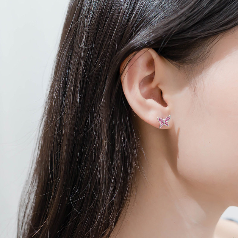 三只蝴蝶钻女耳渐变彩色水晶洛粉大东门穿孔施华耳钉不对称跨境