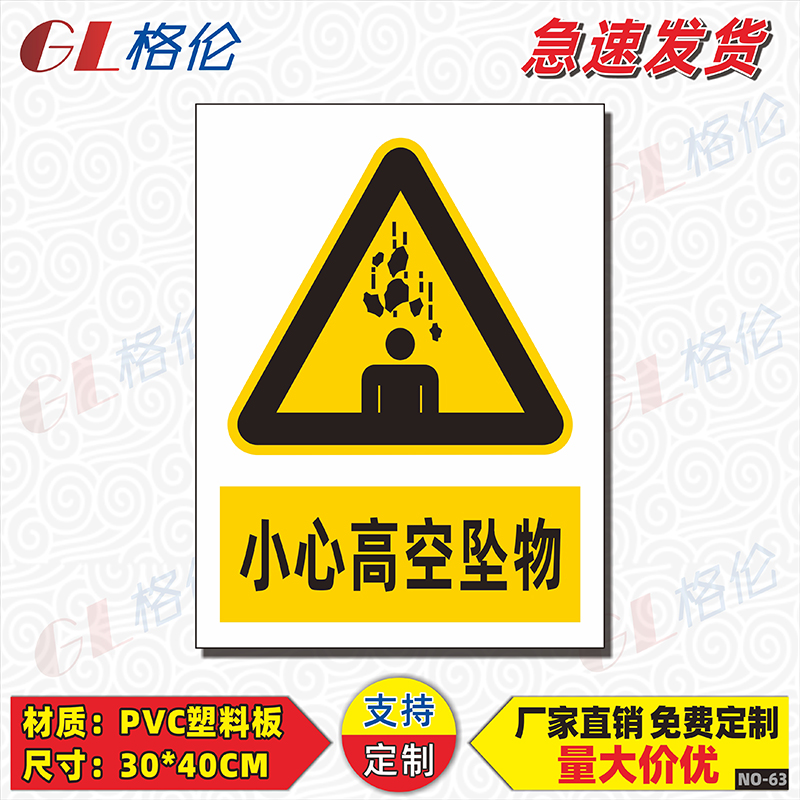 小心高空坠物标识牌建筑施工场地当心高空落物防止砸伤警示警告标志牌高空作业消防安全提示牌标示牌定制