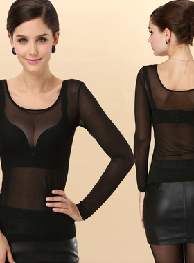 低领蕾丝打底衫女长袖春秋2020百搭新款亮丝网纱薄款内搭上衣小衫