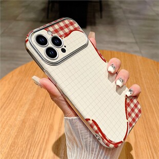 大视窗波浪红格适用于苹果17promax手机壳新款iPhone16pro高级感镜头全包防摔17air网红高档皮质软壳简约女