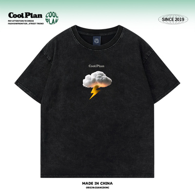 CoolPlan美式3d雷电云小众设计感几何图案T恤男女新款纯棉半袖夏