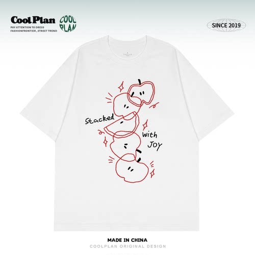 COOL PLAN原创手绘苹果印花短袖T恤男女夏季宽松休闲潮流百搭上衣