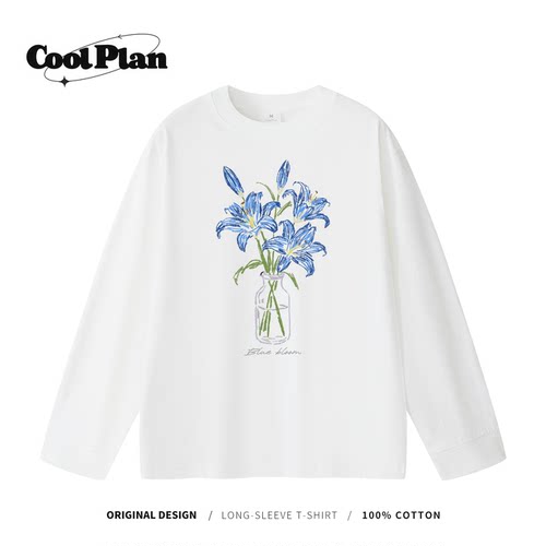Coolplan 手绘蓝百合 春秋薄款简约ins纯棉宽松显瘦秋季长袖T恤女
