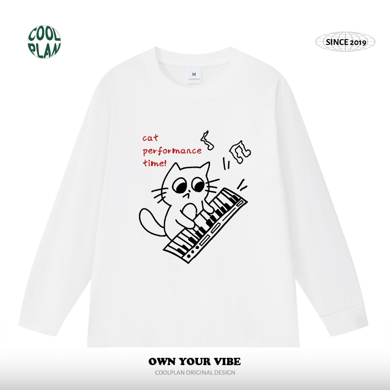 大猫钢琴家喵星人弹琴solo趣味美式纯棉长袖T恤男女文艺小众秋冬