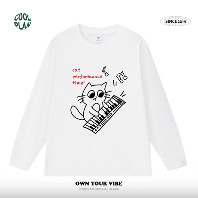 大猫钢琴家喵星人弹琴solo趣味美式纯棉长袖T恤男女文艺小众春秋