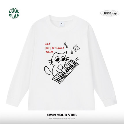 大猫钢琴家喵星人弹琴solo趣味美式纯棉长袖T恤男女文艺小众秋冬