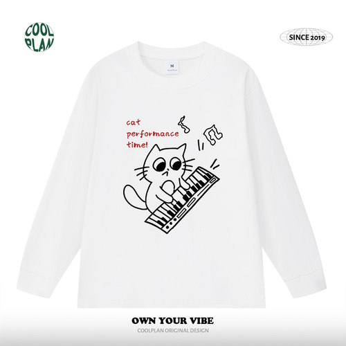 大猫钢琴家喵星人弹琴solo趣味美式纯棉长袖T恤男女文艺小众秋冬