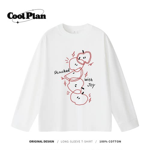COOLPLAN原创手绘线条苹果长袖T恤秋季宽松纯棉休闲情侣打底衫女