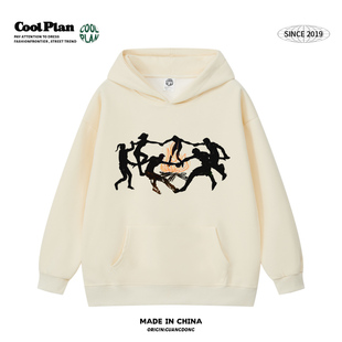 手绘篝火舞复古艺术群舞小众美式 街头百搭宽松潮牌连帽卫衣男女