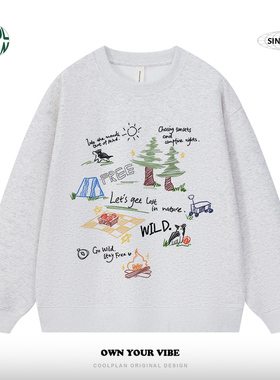 去野 设计师系列手绘露营涂鸦小众设计感学院风圆领宽松卫衣百搭