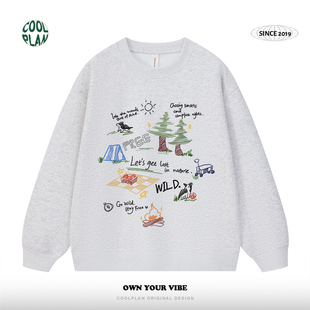 去野 设计师系列手绘露营涂鸦小众设计感学院风圆领宽松卫衣百搭