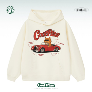 红色敞篷猫美式 宽松休闲慵懒连帽外套男女 复古猫咪印花卫衣秋冬季