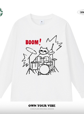 原创美式打鼓猫长袖t恤男女摇滚潮牌纯棉宽松百搭上衣秋