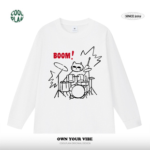 原创美式 t恤男女摇滚潮牌纯棉宽松百搭上衣秋 打鼓猫长袖