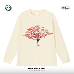 打底衫 英文潮趣味长袖 原创设计感美式 复古T恤秋冬 一颗money树
