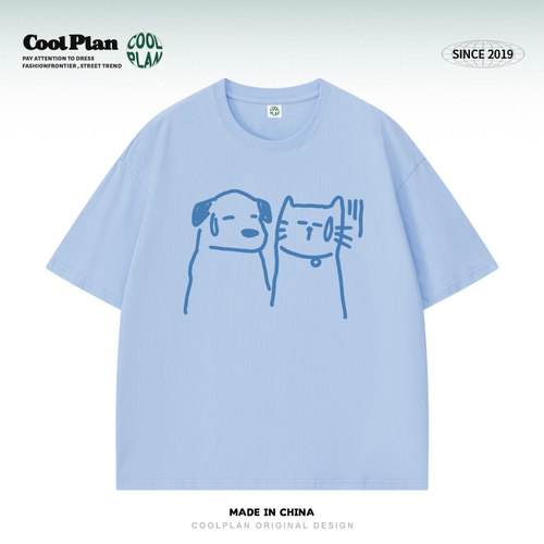 「无语猫狗」美式手绘猫狗小众设计感趣味重磅男女夏季短袖T恤