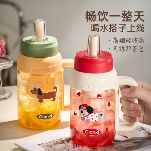 GIANXI/捷安玺吸管果茶杯 750ml高硼玻璃吸管杯茶漏泡茶杯带把手