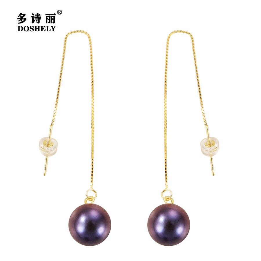 韩国气质纯银耳线10mm正圆形爱迪生妖紫色天然淡水珍珠流苏耳坠女