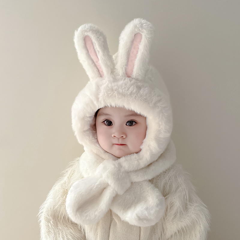 宝宝帽子秋冬季兔耳毛绒加厚婴幼儿护耳帽子围巾一体帽儿童套头帽