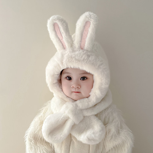 宝宝帽子秋冬季兔耳毛绒加厚婴幼儿护耳帽子围巾一体帽儿童套头帽