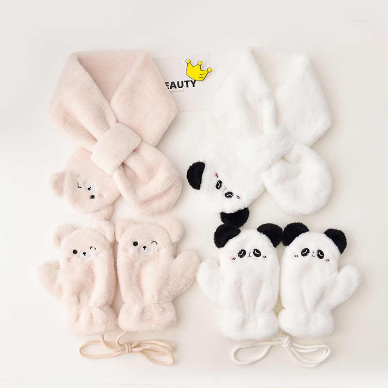 宝宝秋冬季儿童可爱小熊保暖围脖毛绒围巾手套装加厚防寒男童女童
