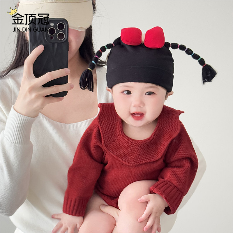 婴儿帽子春搞怪假发辫子纯棉蝴蝶结胎帽女宝宝婴儿帽子春秋款幼儿图片