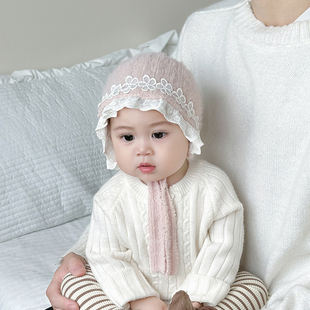 婴儿帽子秋冬款 保暖系带毛线护耳帽 公主可爱蕾丝花边宝宝女童冬季