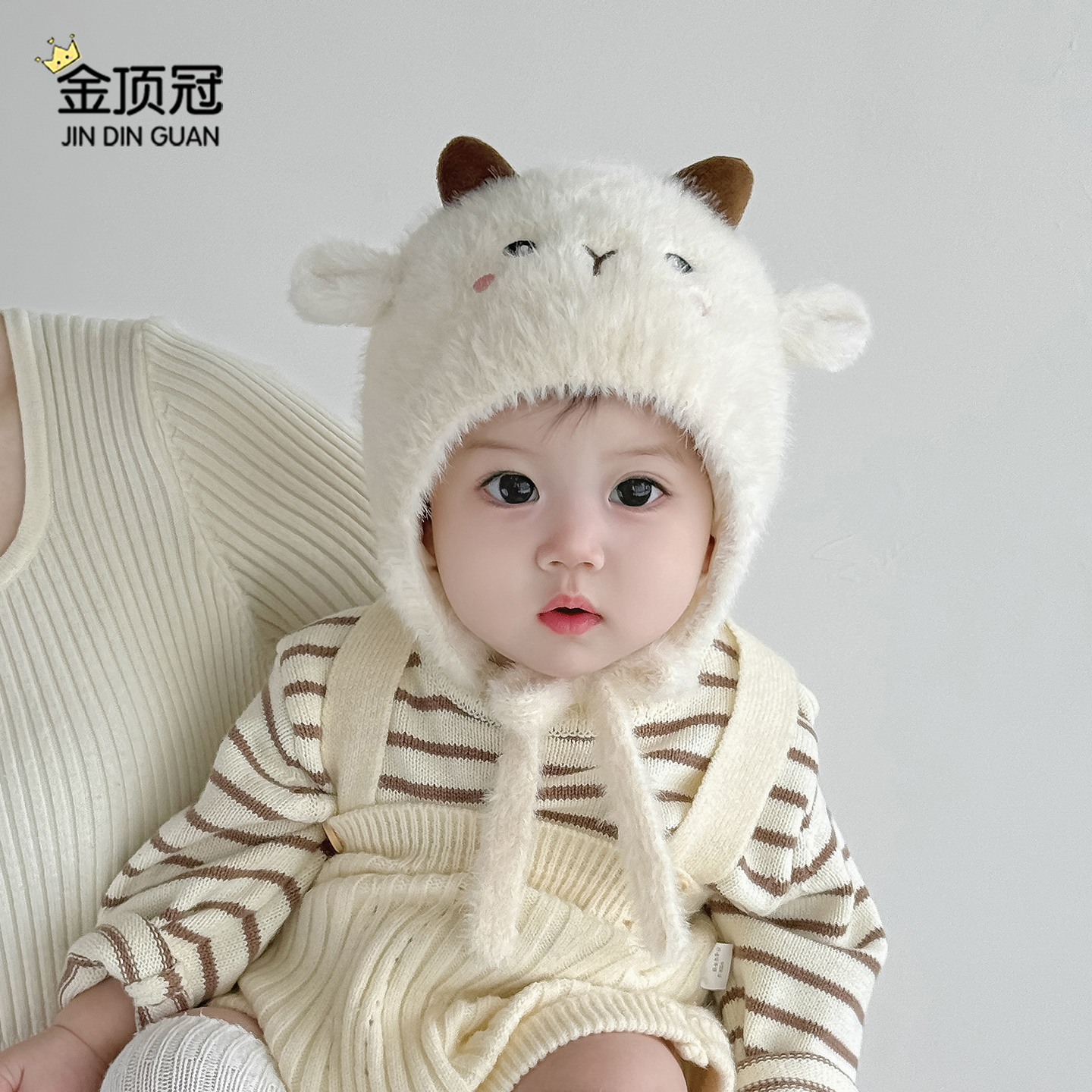 婴儿帽子冬季毛绒护耳帽男女宝宝保暖防风加厚针织帽小月龄外出帽