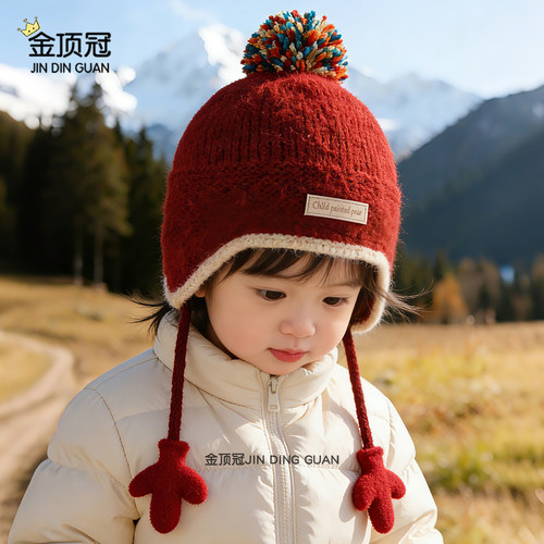 儿童帽子冬季红色加厚毛线帽