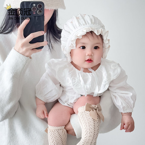 婴儿帽子春秋季透气女宝宝蕾丝公主宫廷帽防晒小月龄女童胎帽保暖