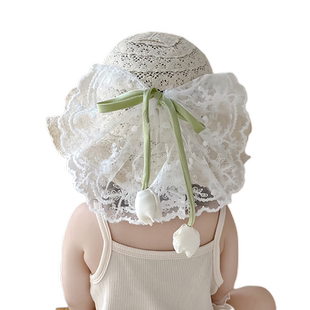 夏季女童草帽儿童遮阳防晒帽子蕾丝蝴蝶结女宝宝沙滩小女孩太阳帽