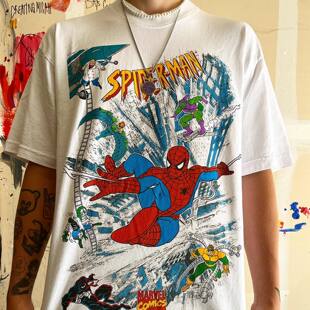 superman蜘蛛侠动漫风高街超酷短袖T恤美式重磅潮牌古着Vintage