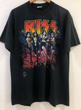美式古着Vintag KISS乐队街头风大码复古重磅短袖T恤宽松oversize