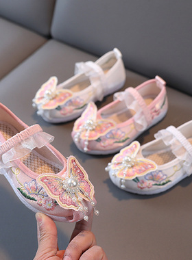 汉服绣花鞋子女童古风汉鞋民族风鞋演出鞋儿童手工布鞋表演古装鞋