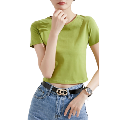 简约露脐高腰白色短袖小个子t恤