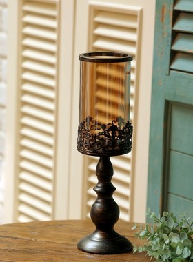 欧式复古铁艺玻j璃烛台摩洛哥风格刷金做旧风灯家居饰品氛围摆件