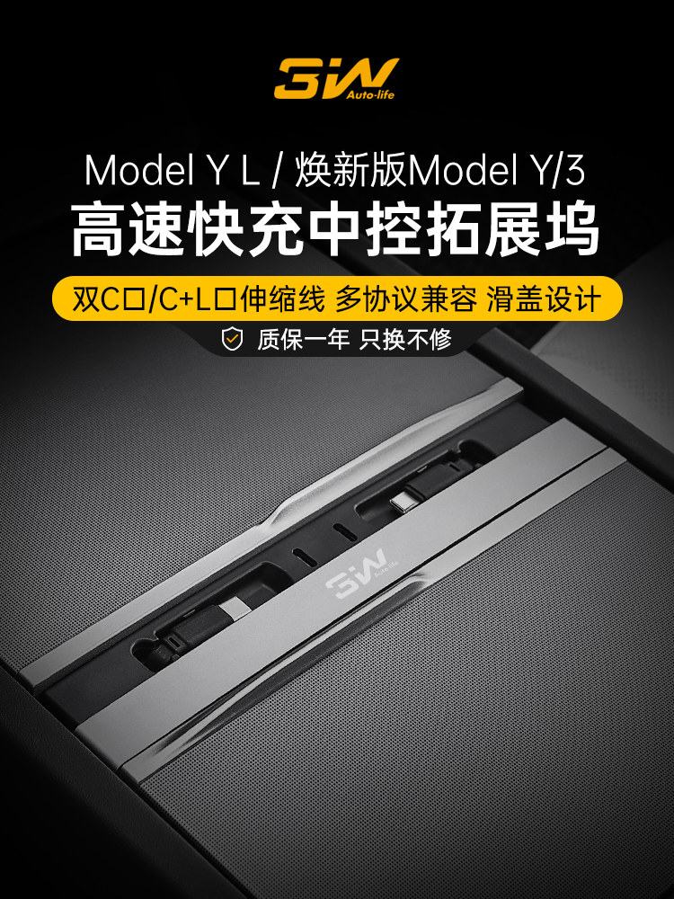 3W适用特斯拉焕新ModelY/YL/3中控拓展坞HUB扩展器车载快充转接头